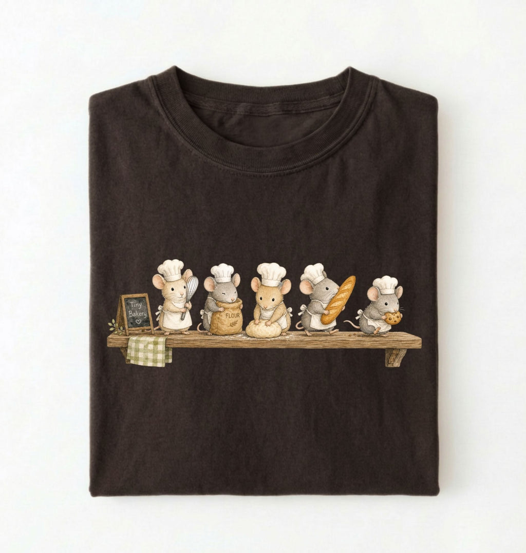 A dark brown folded t-shirt on a white background, featuring a graphic print of six cartoon mice dressed as chefs sitting on a wooden shelf.