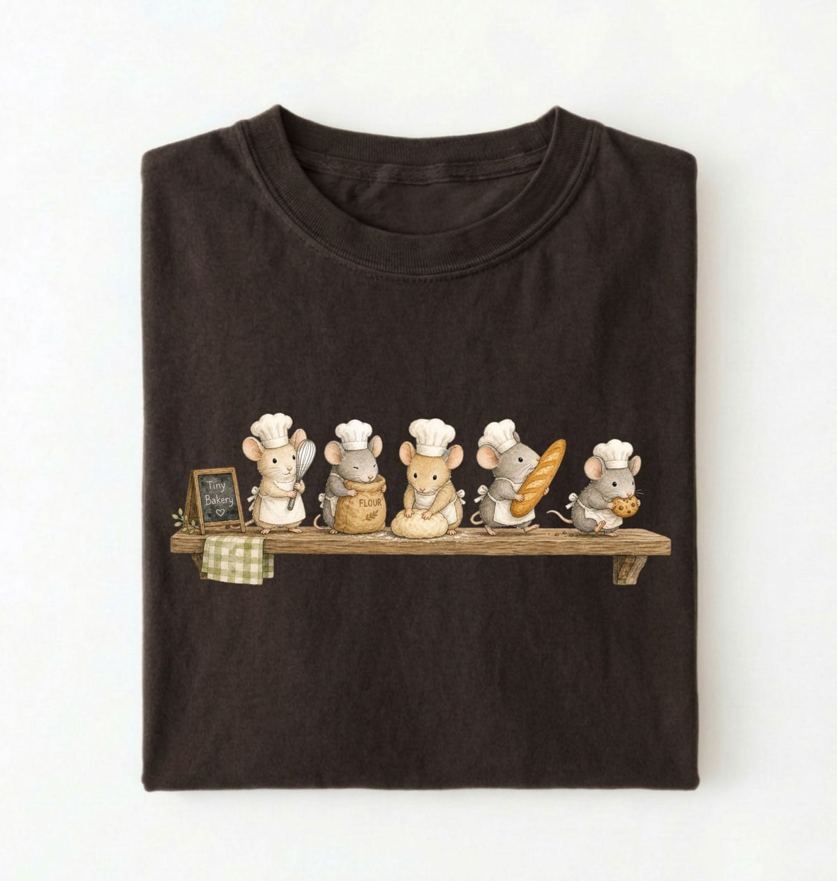 A dark brown folded t-shirt on a white background, featuring a graphic print of six cartoon mice dressed as chefs sitting on a wooden shelf.