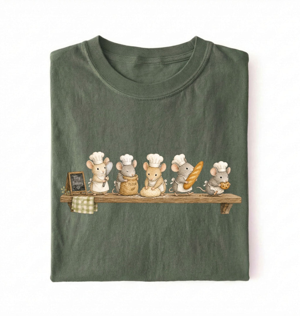 A folded dark olive green t-shirt on a white background, featuring a graphic print of five cute cartoon mice dressed as chefs sitting on a wooden shelf.