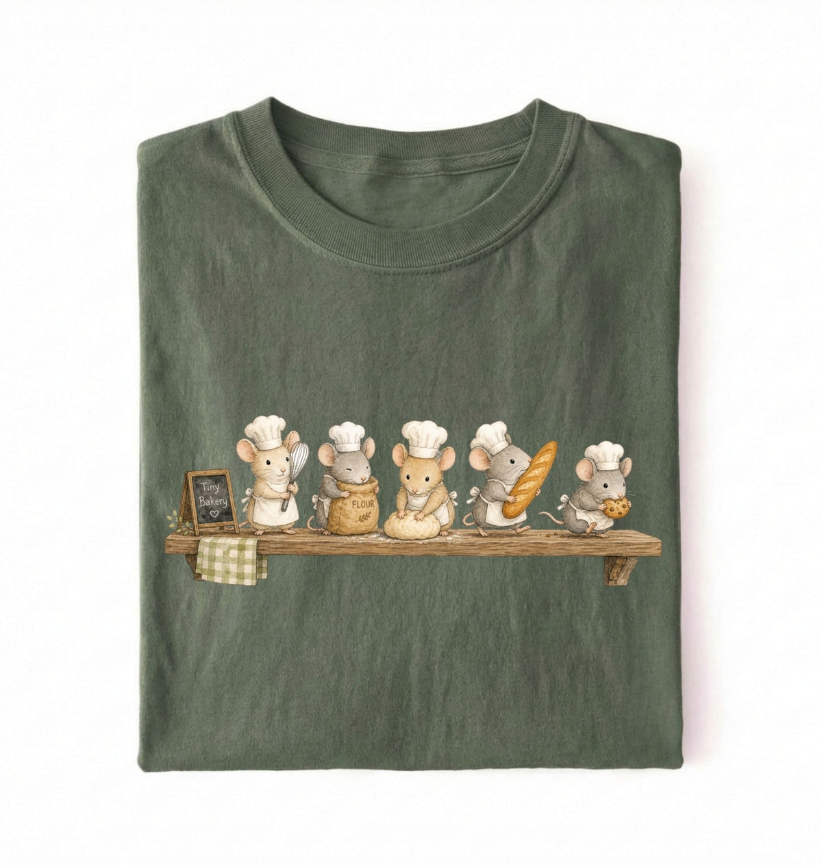 A folded dark olive green t-shirt on a white background, featuring a graphic print of five cute cartoon mice dressed as chefs sitting on a wooden shelf.