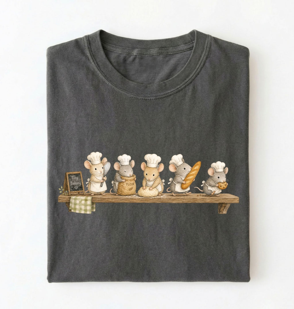 A dark gray folded t-shirt featuring a graphic print of five cute cartoon mice dressed as bakers on a wooden shelf, with one holding a loaf of bread and another a small basket, set against a plain white background.