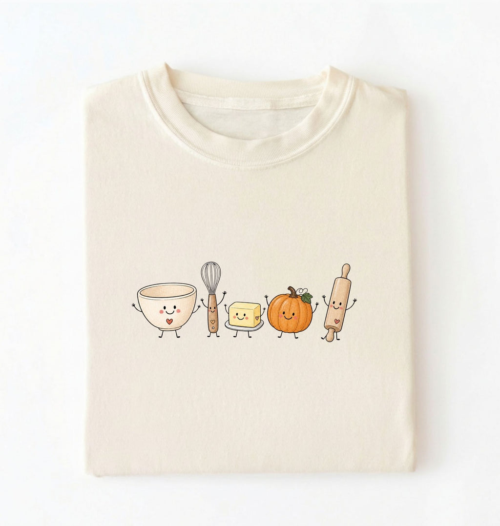Ivory Shop this cute fall baking shirt featuring a smiling pumpkin, bowl, whisk, butter and rolling pin. A charming graphic tee and gift for home bakers on an ivory background.