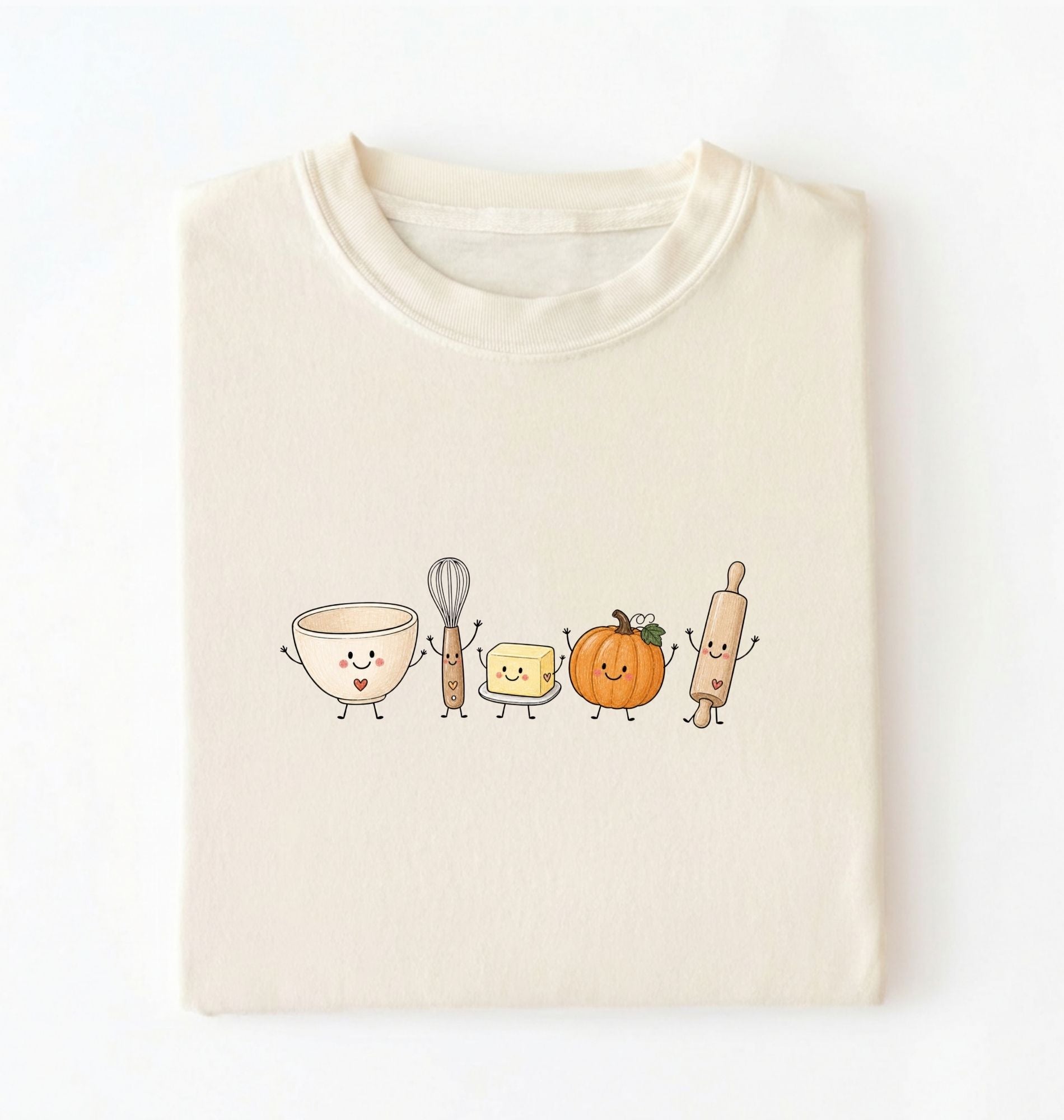 Ivory Shop this cute fall baking shirt featuring a smiling pumpkin, bowl, whisk, butter and rolling pin. A charming graphic tee and gift for home bakers on an ivory background.