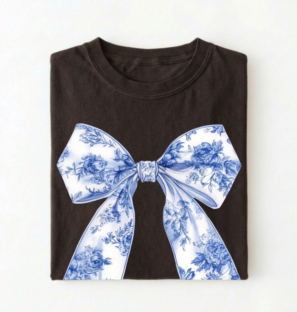 Espresso t-shirt with a white and blue floral bow graphic in a coquette cottagecore aesthetic, perfect as a stylish gift