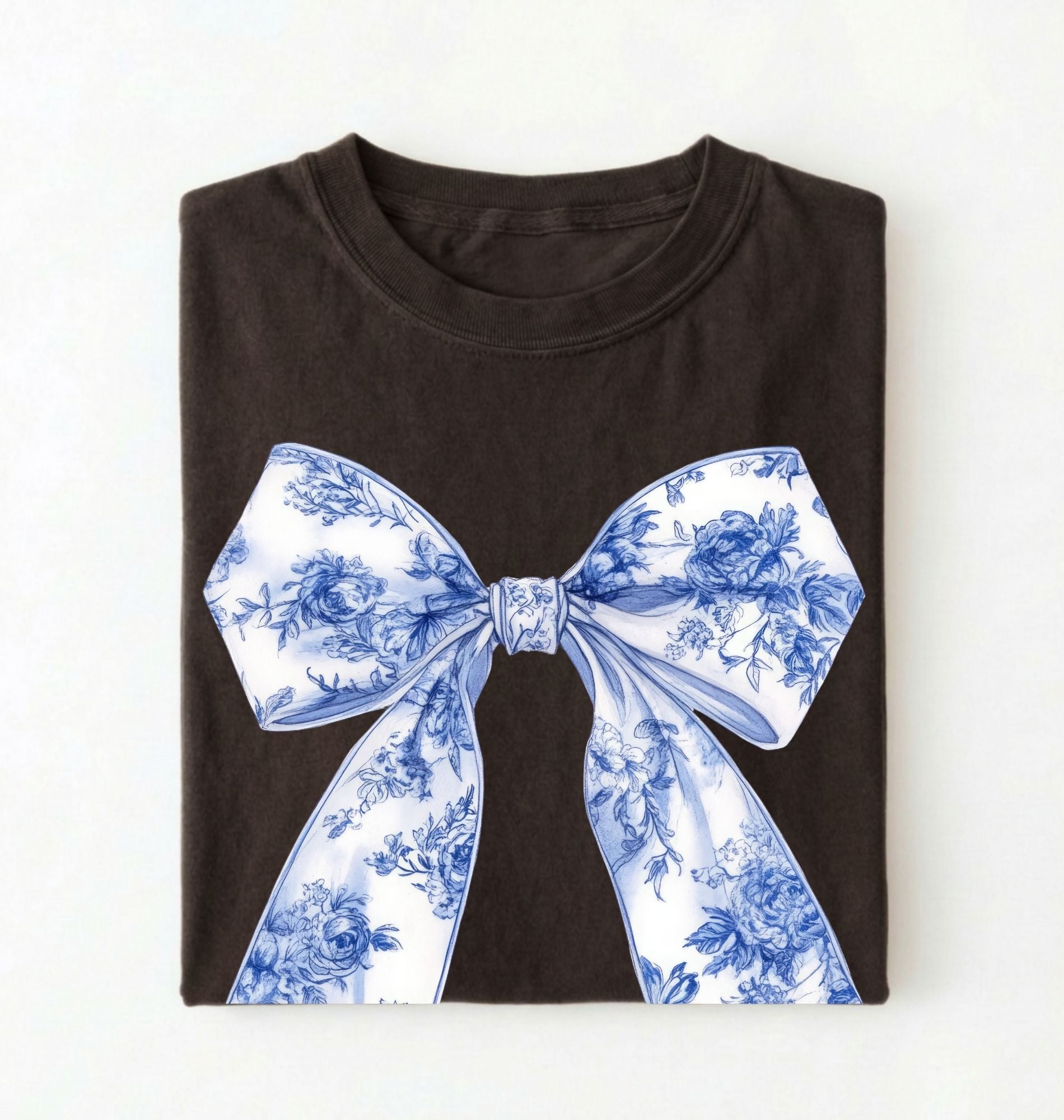 Espresso t-shirt with a white and blue floral bow graphic in a coquette cottagecore aesthetic, perfect as a stylish gift