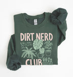 Flat lay of an forest green Dirt nerd club sweatshirt with plant illustrations perfect gift for gardeners plant lovers and nature enthusiasts on a white background