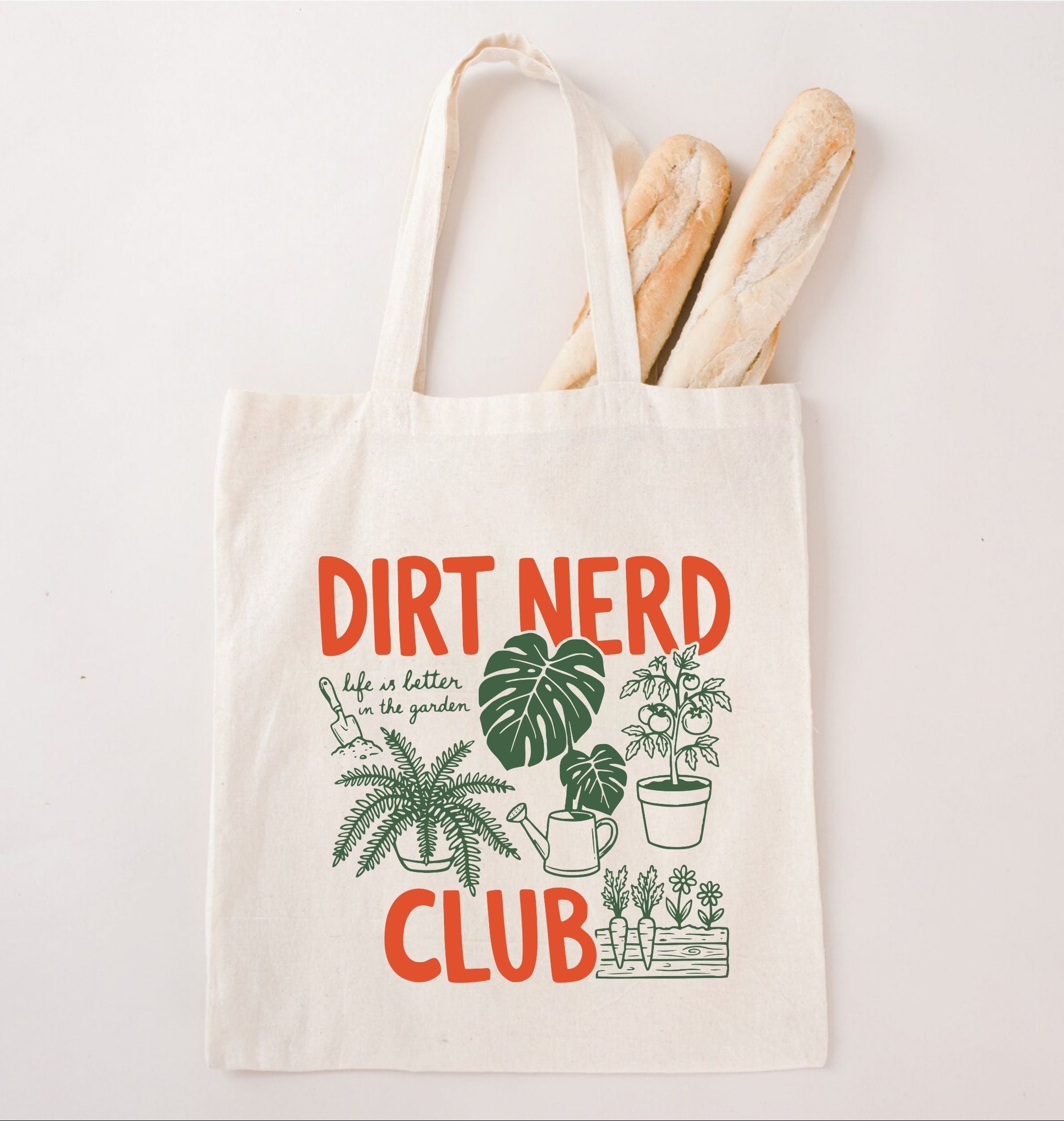 Dirt Nerd Club tote bag featuring houseplants and gardening illustrations