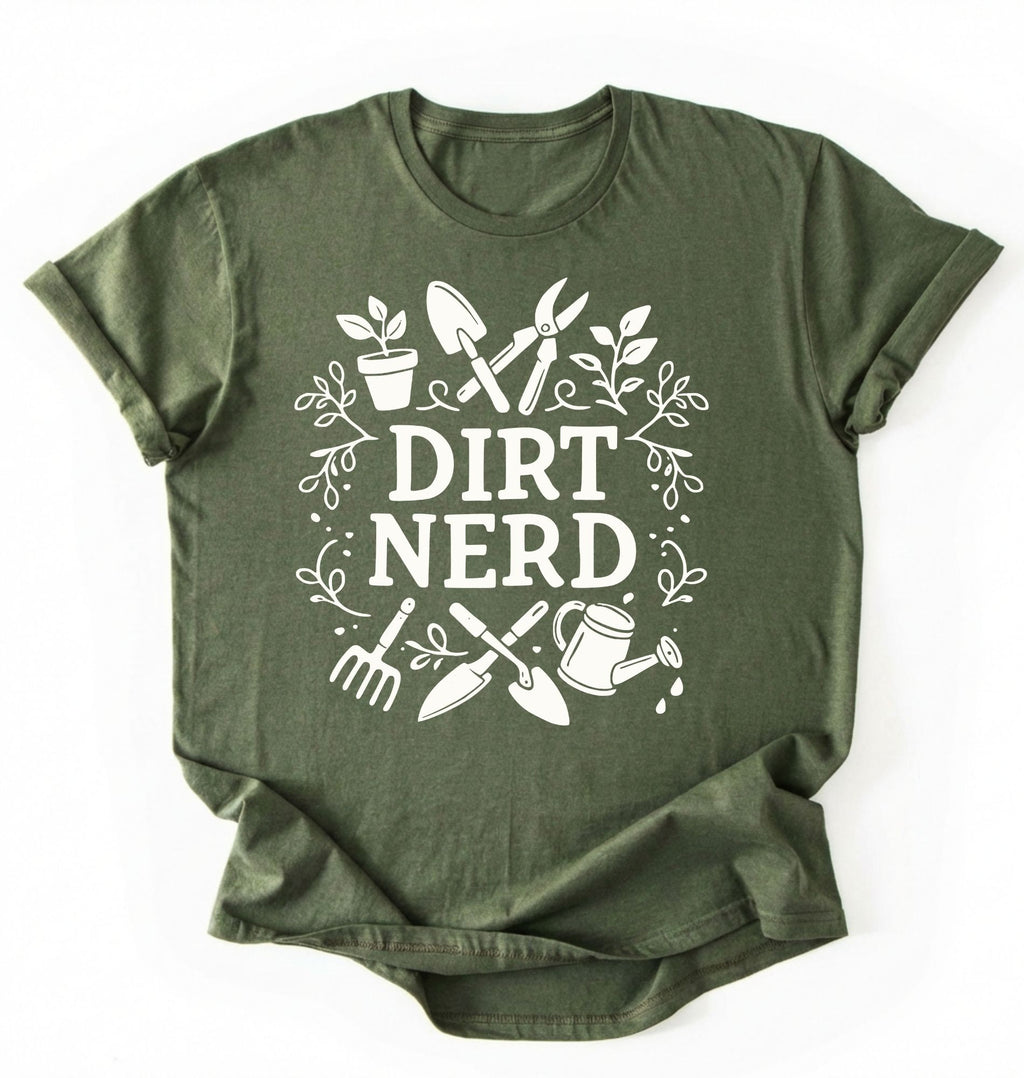 Flat lay of a military green Dirt nerd gardening shirt with tools and plant illustrations perfect gift for gardeners and plant lovers on a white background