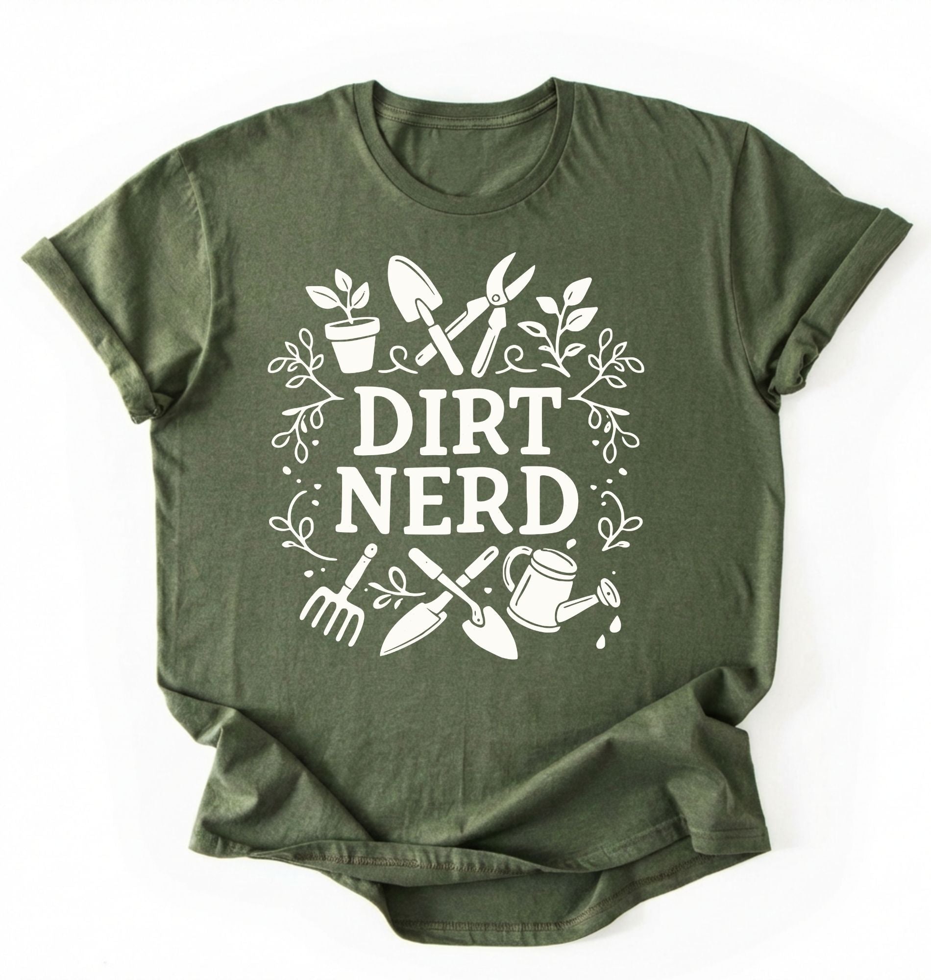 Flat lay of a military green Dirt nerd gardening shirt with tools and plant illustrations perfect gift for gardeners and plant lovers on a white background