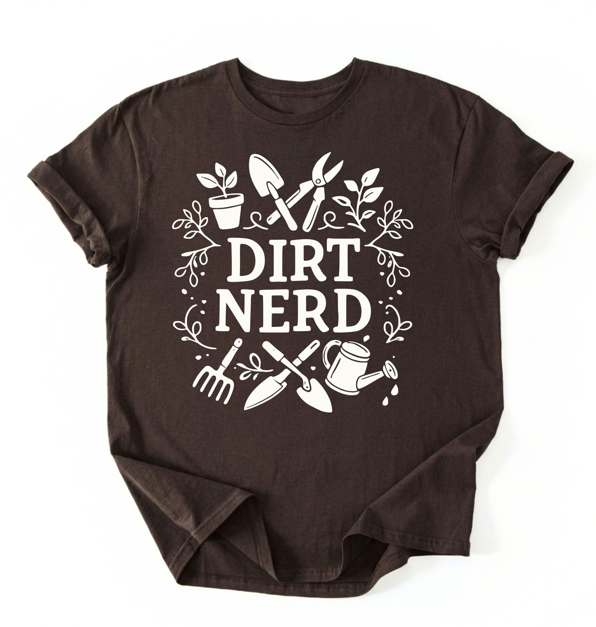 Flat lay of a dark chocolate Dirt nerd gardening shirt with tools and plant illustrations perfect gift for gardeners and plant lovers on a white background 