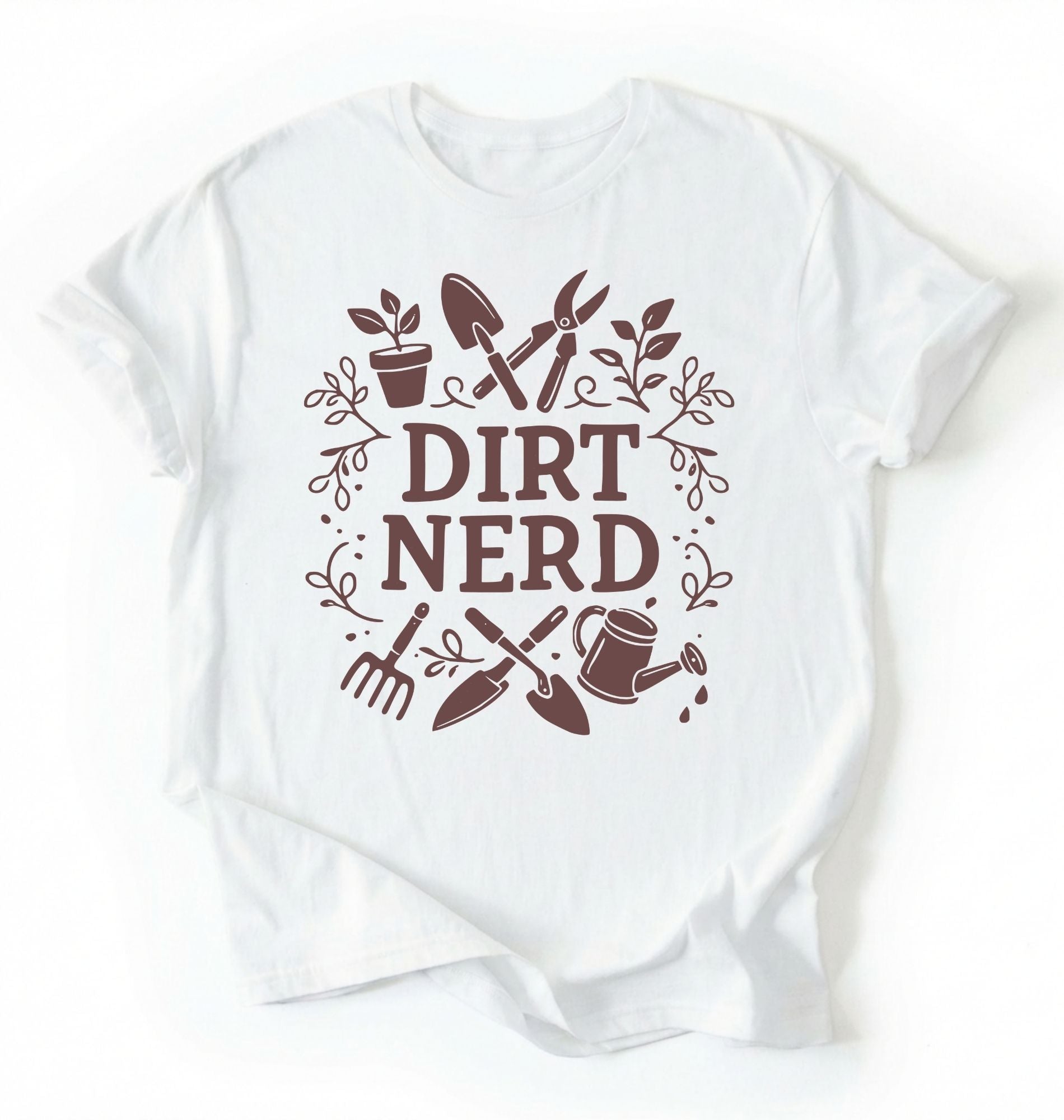 Flat lay of a white Dirt nerd gardening shirt with tools and plant illustrations perfect gift for gardeners and plant lovers on a white background