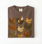 Vintage chicken breeds illustration shirt featuring colorful hens and roosters, perfect gift for chicken lovers and gardeners