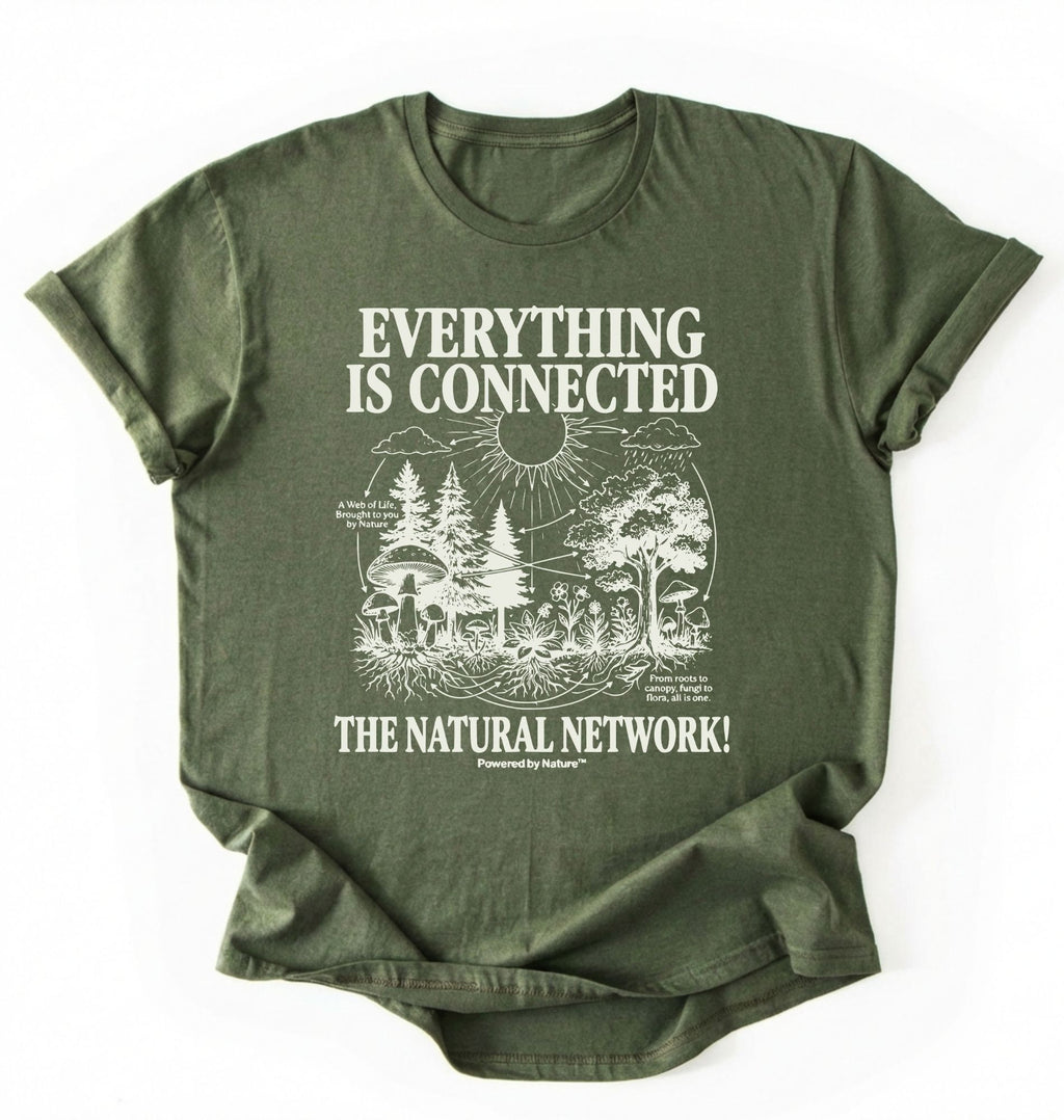 Flat lay of a Moss_MilitaryGreen t-shirt featuring a forest and fungi illustration with text reading “Everything Is Connected The Natural Network.” perfect gift for nature lovers and eco friendly lifestyle on a white background 