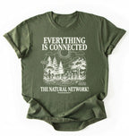 Flat lay of a Moss_MilitaryGreen t-shirt featuring a forest and fungi illustration with text reading “Everything Is Connected The Natural Network.” perfect gift for nature lovers and eco friendly lifestyle on a white background 