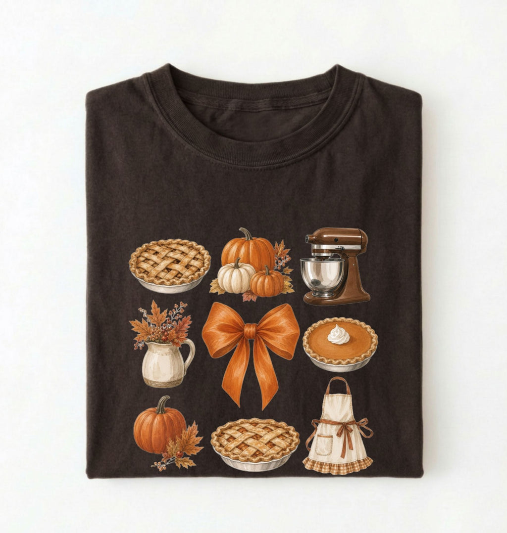 A folded dark chocolate crewneck t-shirt with a graphic print of autumn and fall baking elements, including pies, pumpkins, a stand mixer, a bow, and an apron, on a white background.