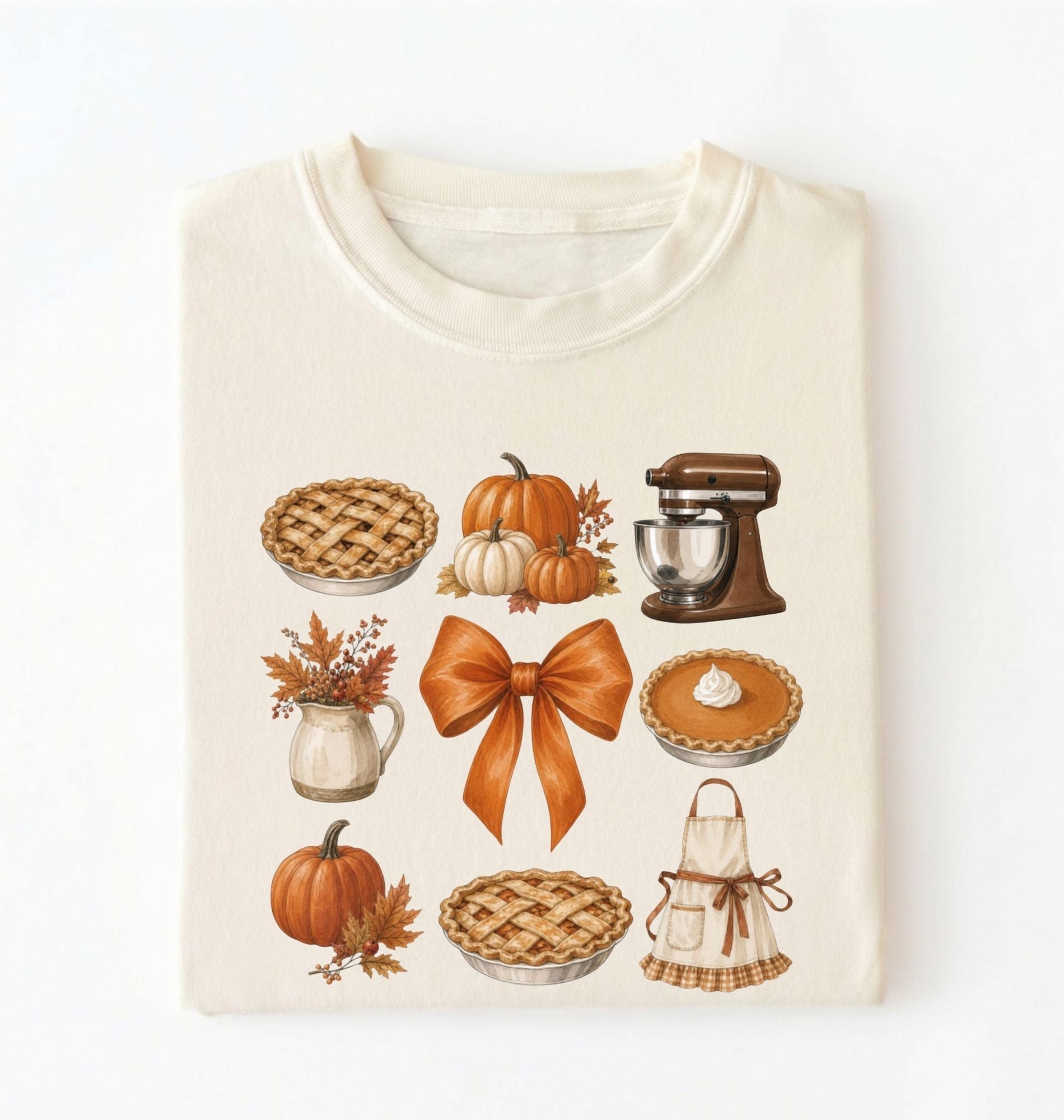 An ivory folded t-shirt featuring a watercolor-style autumn graphic print with pumpkins, pies, a stand mixer, a bow, and an apron on w white background 