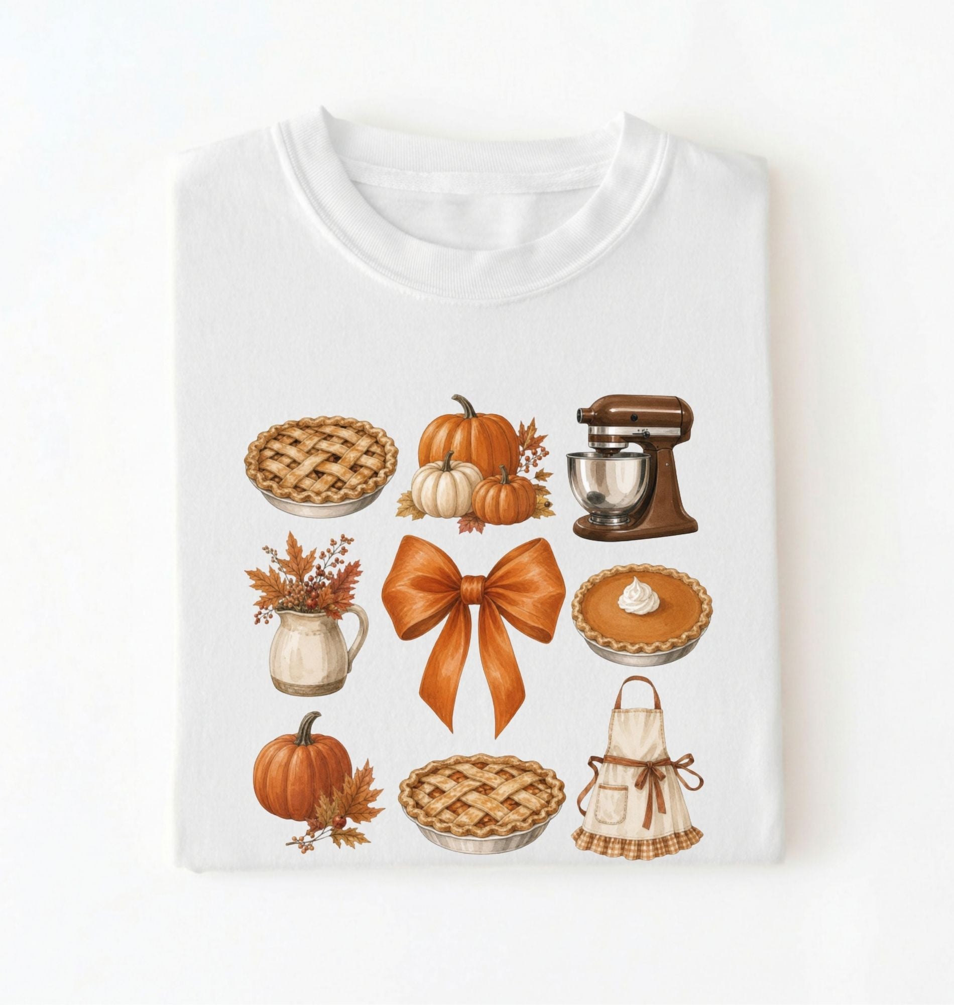 Flat lay of a white fall baking shirt featuring pumpkin pies, pumpkins, autumn leaves, a stand mixer, baking apron and orange bow on a white background 
