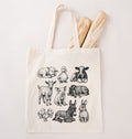 Farm animal canvas tote bag with vintage cow, pig, sheep, chicken, and duck illustrations