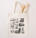 Farm animal canvas tote bag with vintage cow, pig, sheep, chicken, and duck illustrations