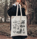 Farm animal canvas tote bag with vintage cow, pig, sheep, chicken, and duck illustrations