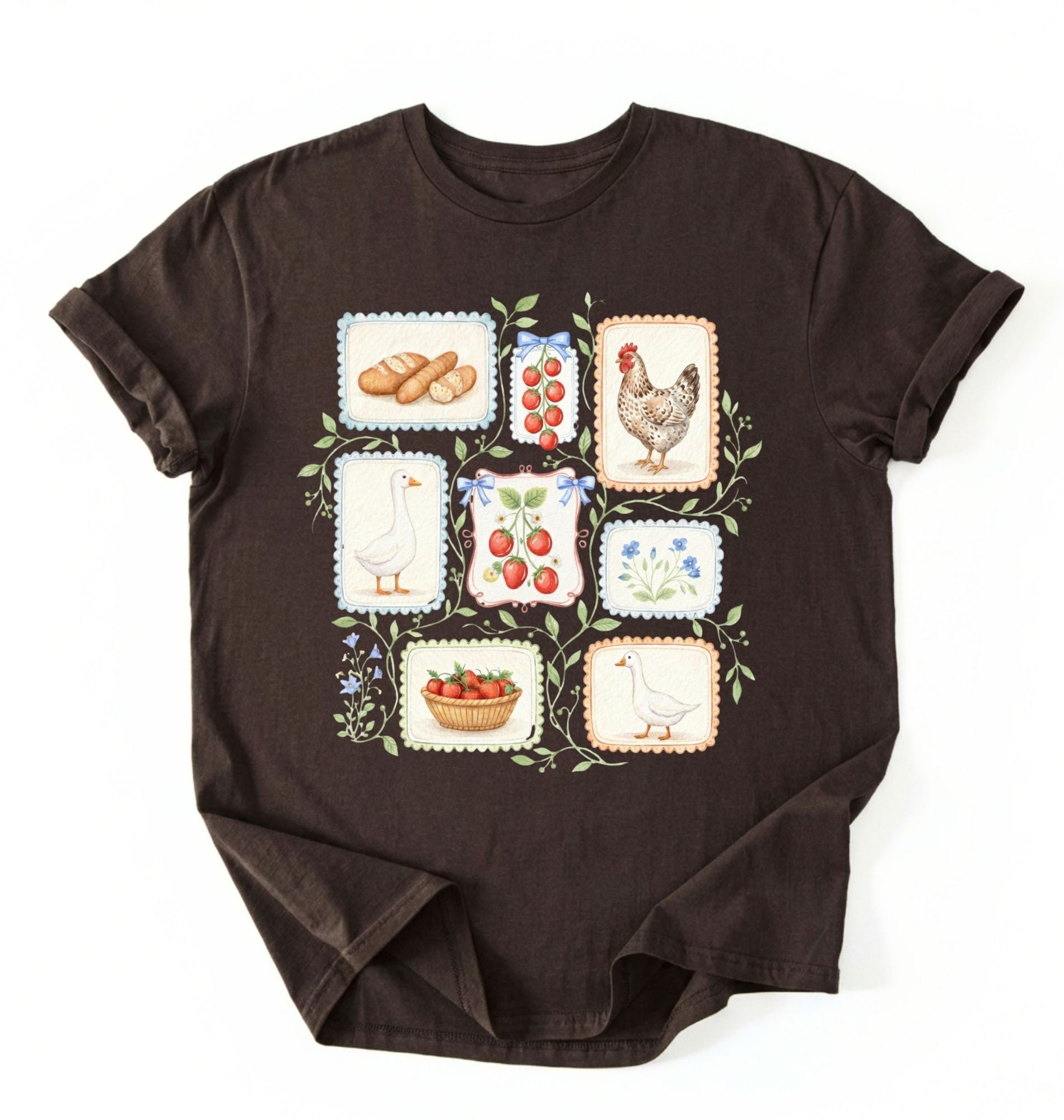 Flat lay of a Espresso t-shirt featuring vintage-style illustrations of bread, eggs, fruit, and chickens arranged in a grid pattern perfect homestead gardener gift for farm life lovers on a white background 