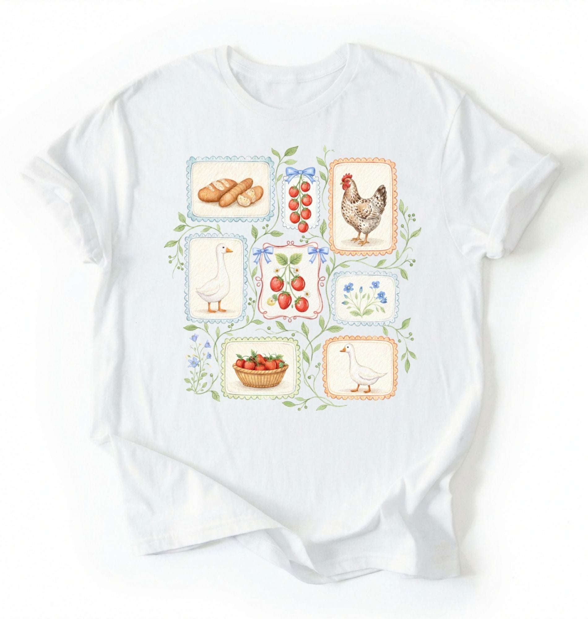 Flat lay of a white t-shirt featuring vintage-style illustrations of bread, eggs, fruit, and chickens arranged in a grid pattern perfect homestead gardener gift for farm life lovers on a white background 