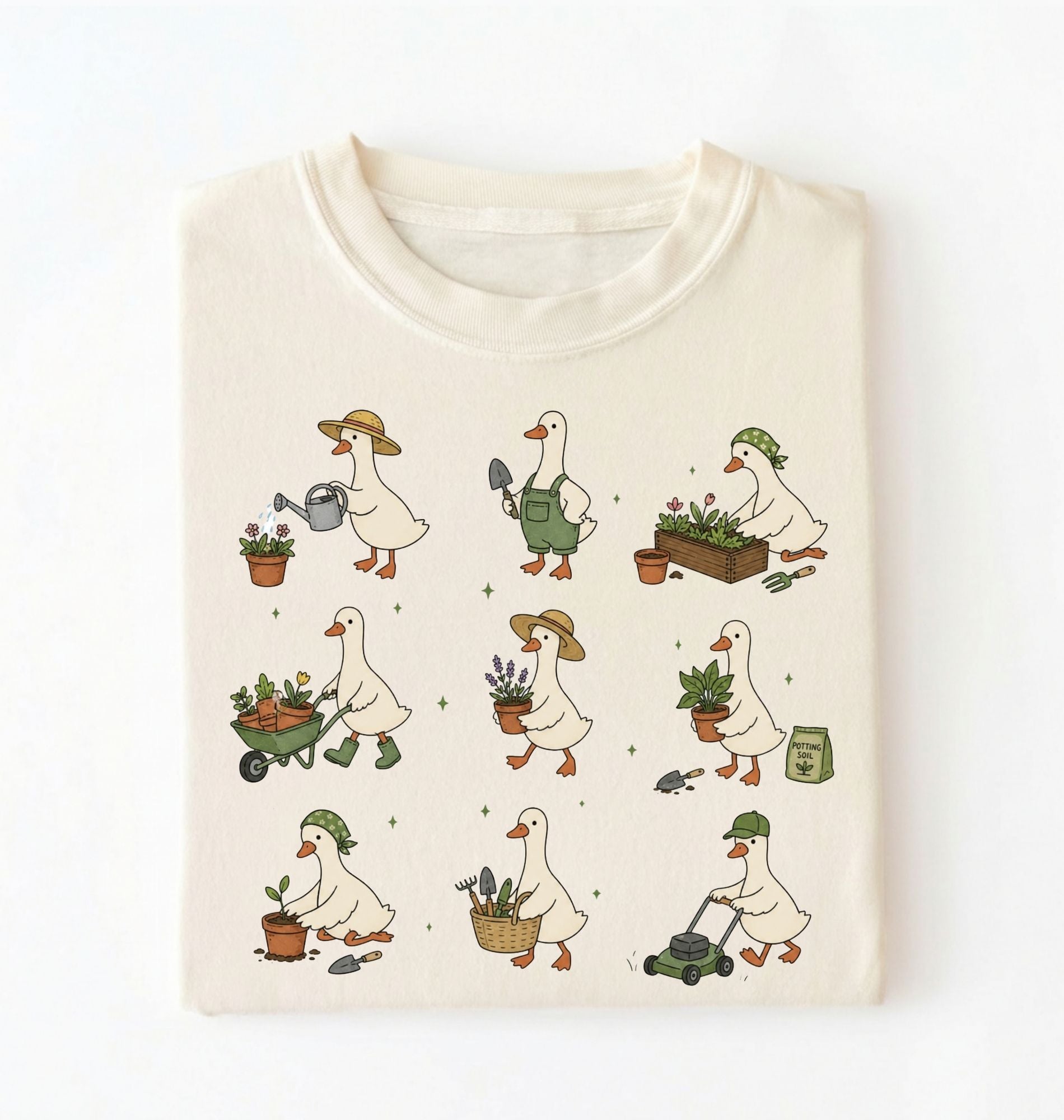 Beige t-shirt with illustrated gardeners wearing duck costumes on a white background