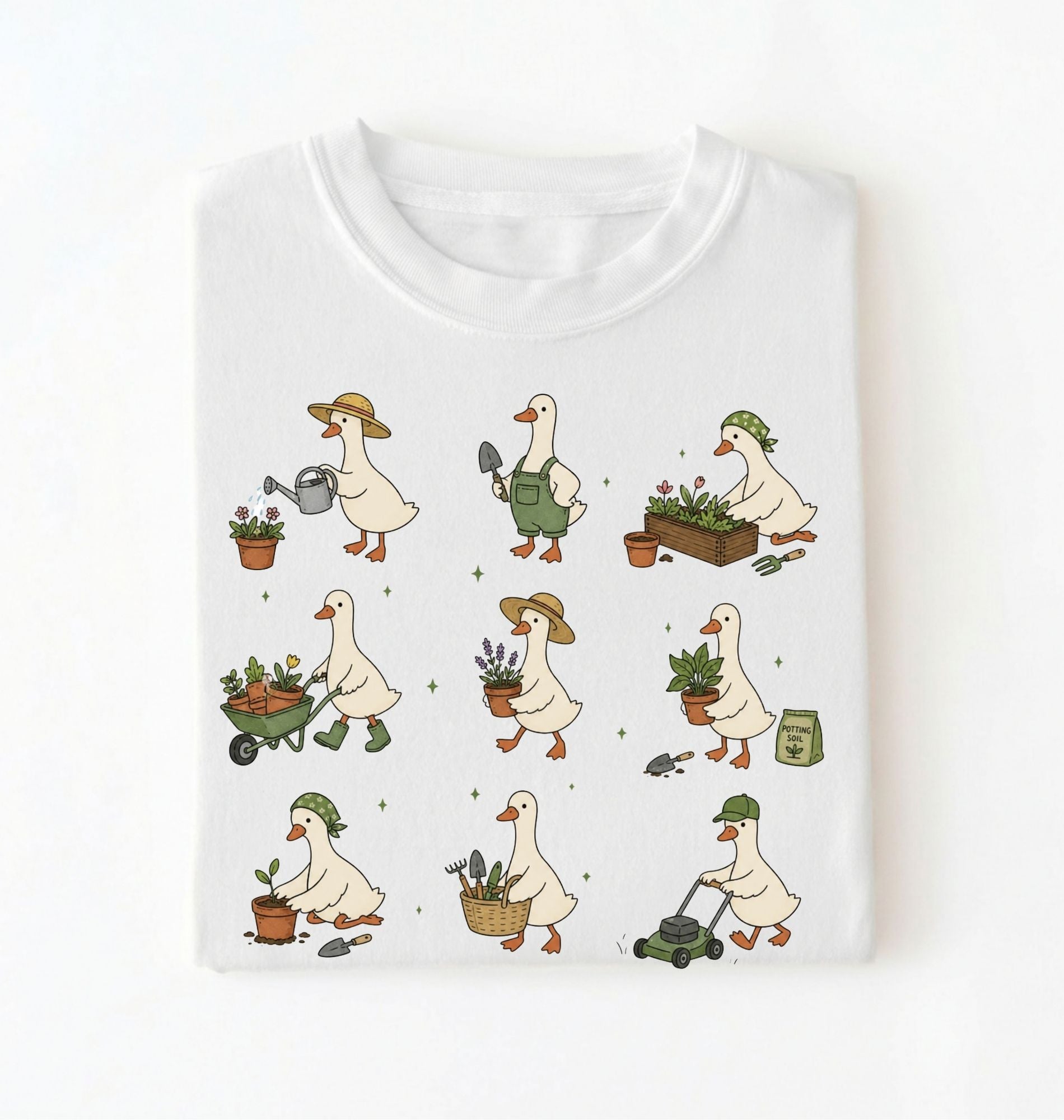 White t-shirt with illustrated ducks gardening on a white background