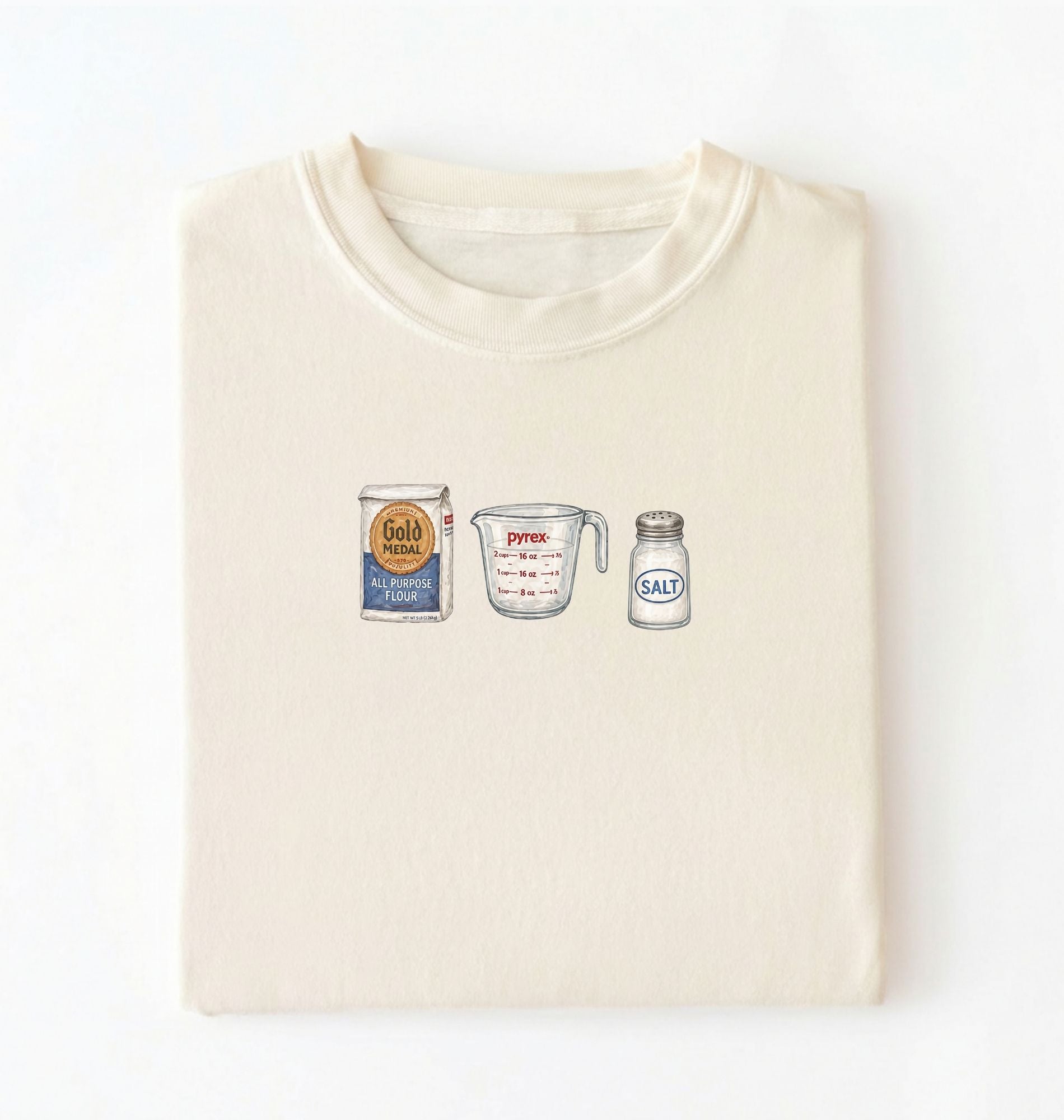 Flat lay of a cream flour water salt shirt with flour bag measuring cup and salt shaker minimalist bread baker gift on a white background 