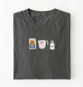 Flat lay of a gray flour water salt shirt with flour bag measuring cup and salt shaker minimalist bread baker gift on a white background 