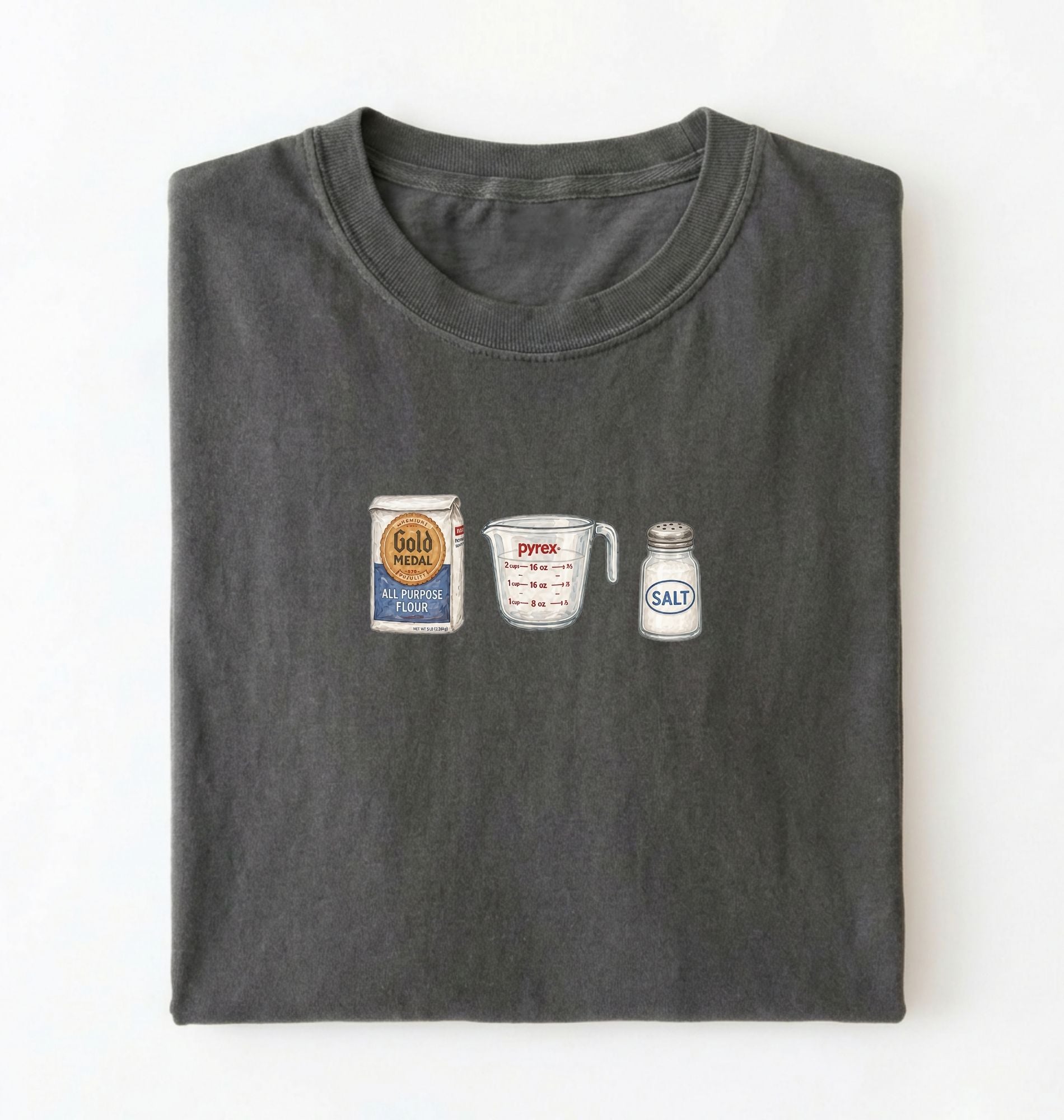 Flat lay of a gray flour water salt shirt with flour bag measuring cup and salt shaker minimalist bread baker gift on a white background 