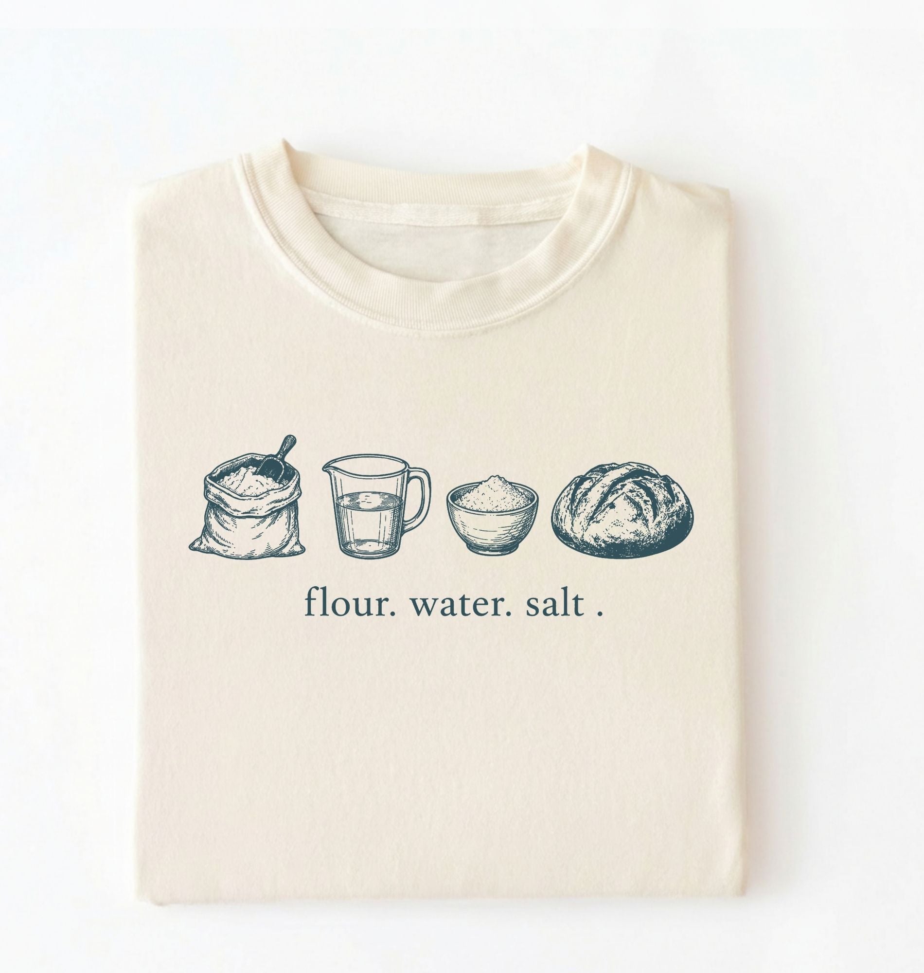 Flat lay of an ivory flour water salt shirt cream minimalist baking t shirt bread lover gift sourdough aesthetic design on a white background 