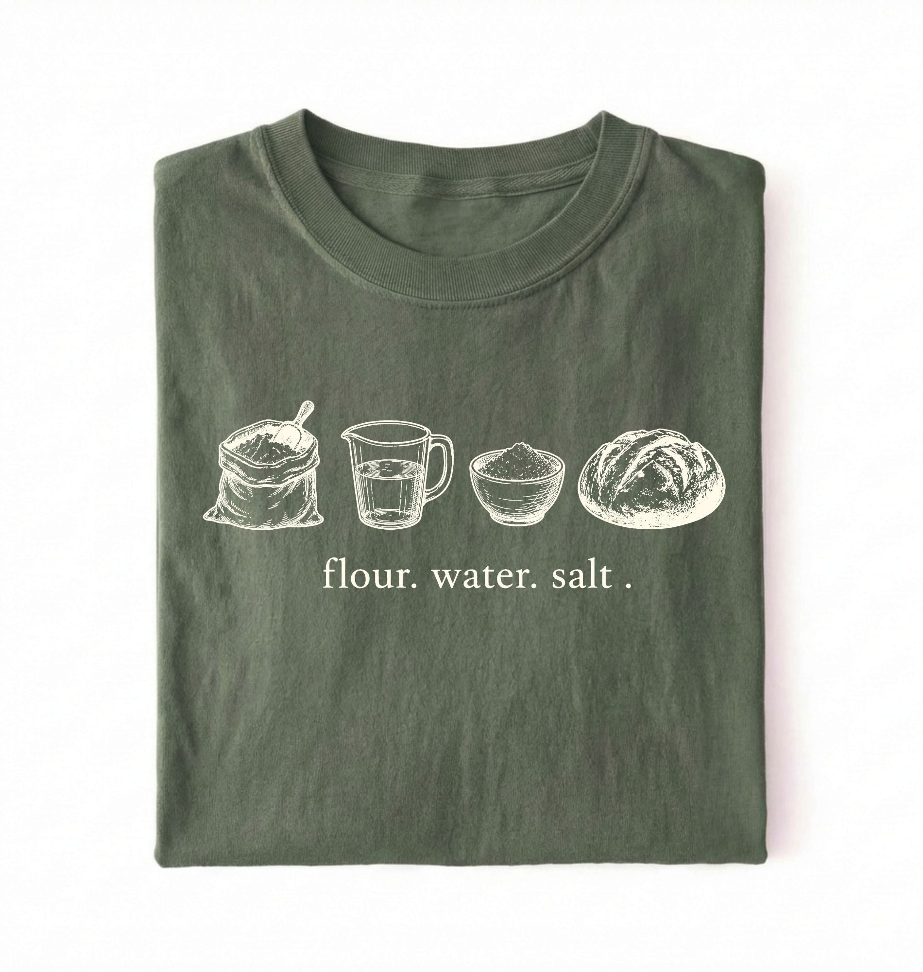 Flat lay of a green flour water salt shirt cream minimalist baking t shirt bread lover gift sourdough aesthetic design on a white background 