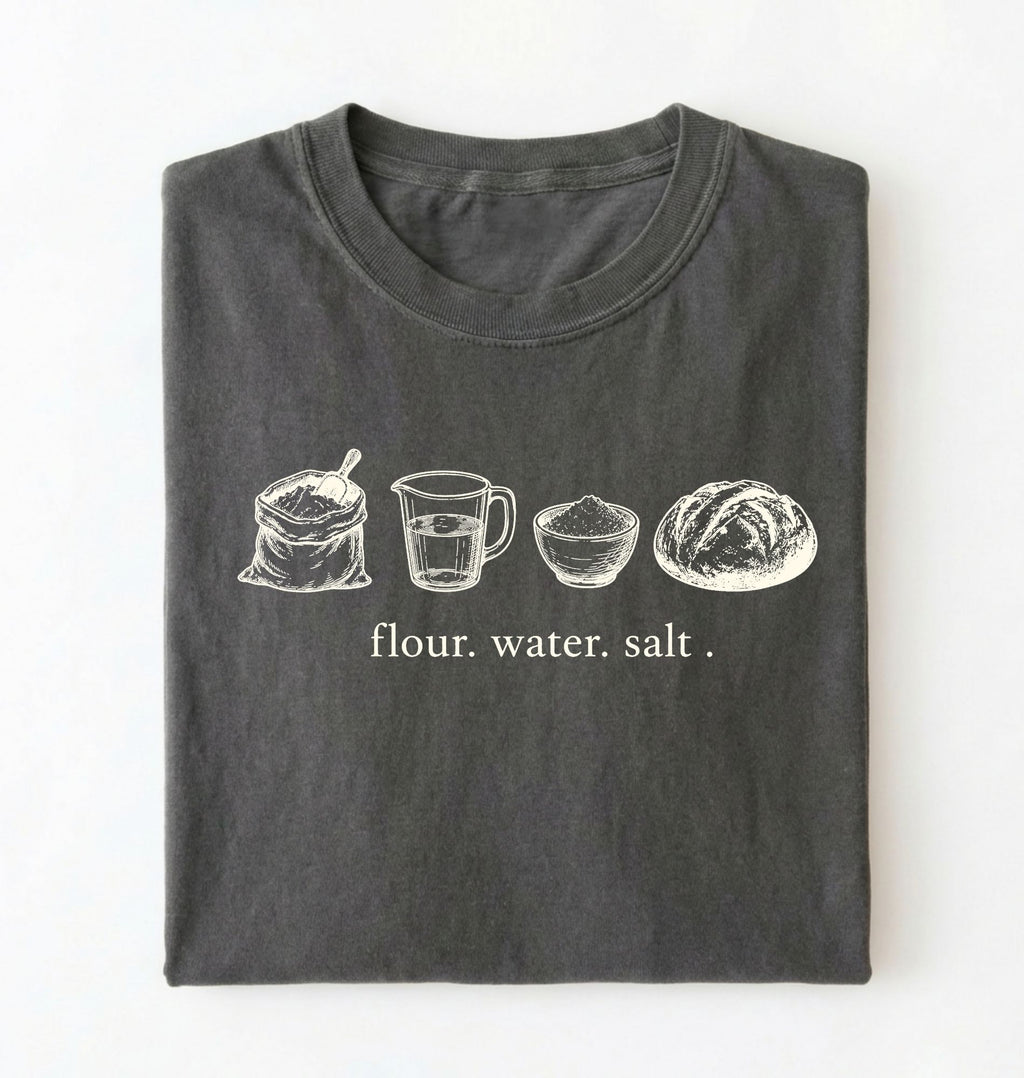 Flat lay of a pepper flour water salt shirt cream minimalist baking t shirt bread lover gift sourdough aesthetic design on a white background 