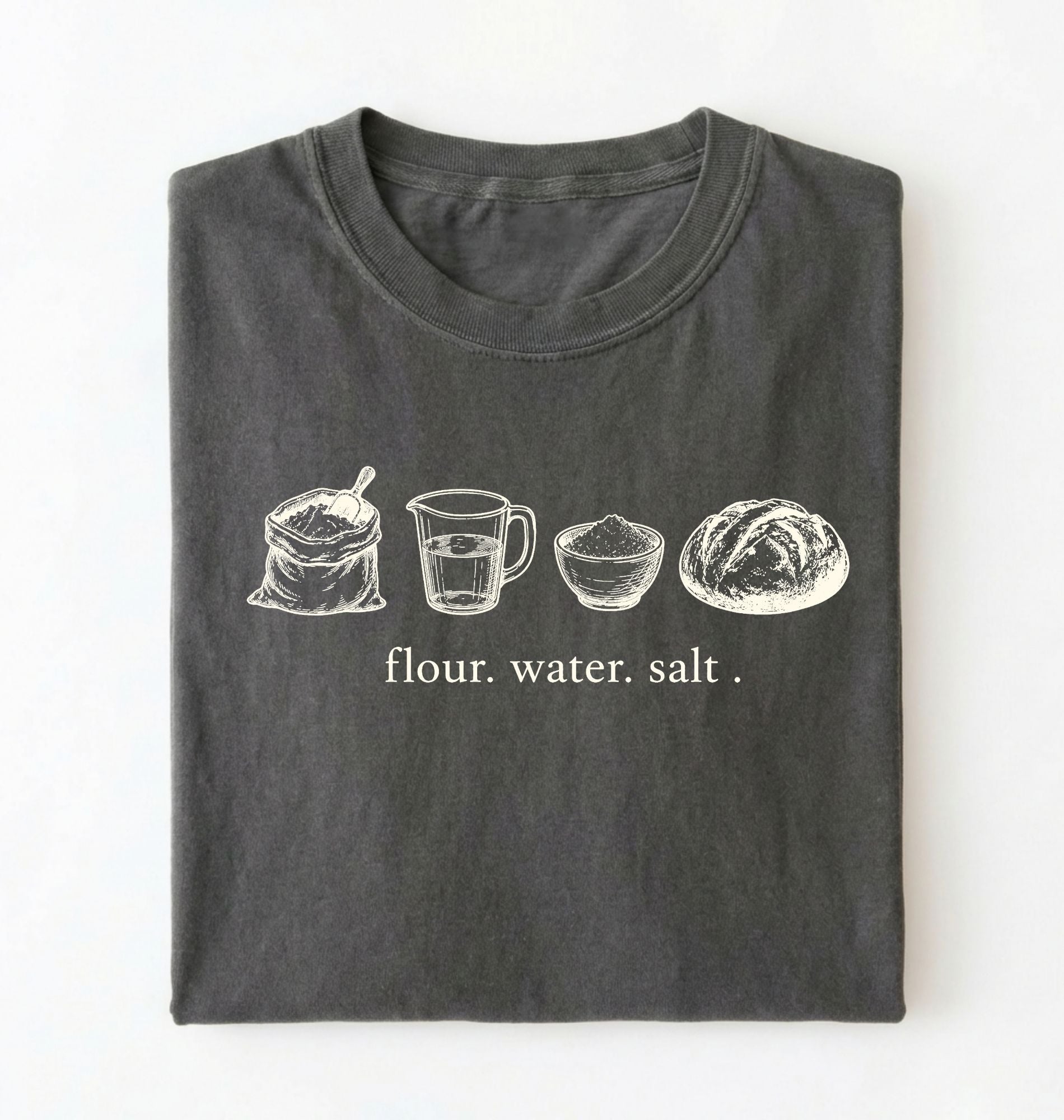 Flat lay of a pepper flour water salt shirt cream minimalist baking t shirt bread lover gift sourdough aesthetic design on a white background 