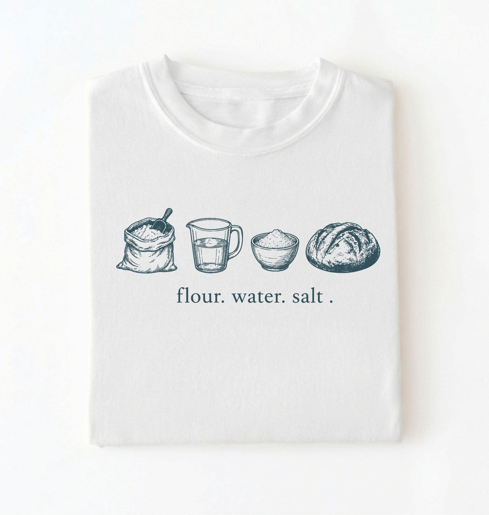 Flat lay of a white flour water salt shirt cream minimalist baking t shirt bread lover gift sourdough aesthetic design on a white background 