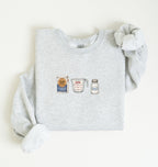 Flat lay of an ash flour water salt sweatshirt with flour bag measuring cup and salt shaker for bread bakers on a white background 