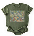 Flat lay of a Moss_Military Funny Fluent in Fowl Language shirt for chicken lovers and farm animal fans on a white background