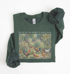 Fluent in fowl language sweatshirt with chickens in a garden illustration, perfect chicken lover farm gift