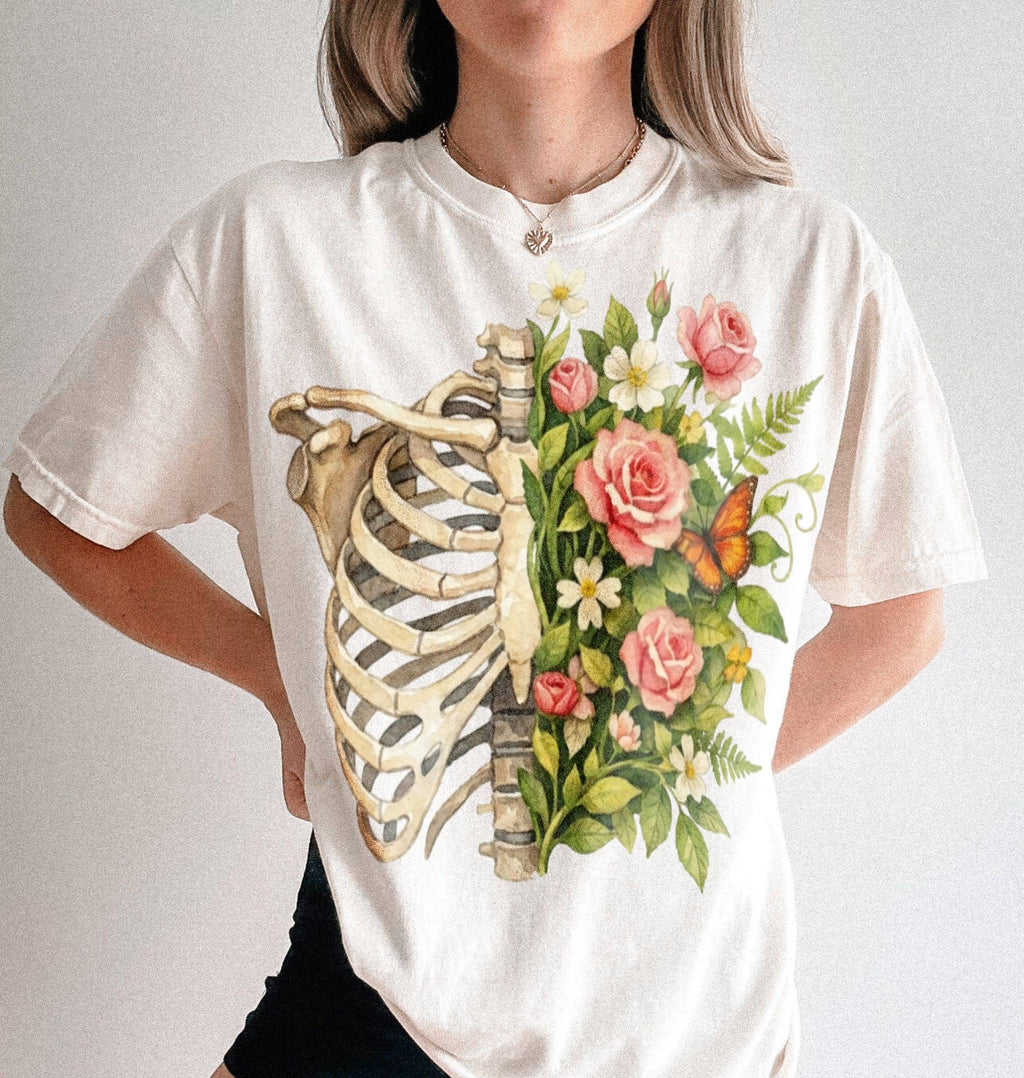 Floral Ribcage T-Shirt | Botanical Skeleton Art Gift