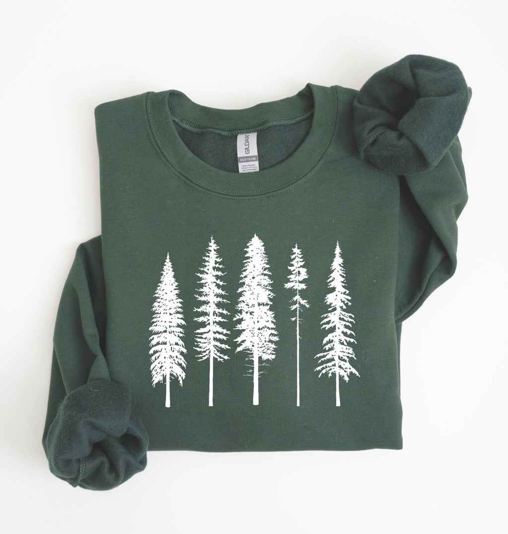 Minimalist pine trees sweatshirt with white forest tree design on forestgreen cozy crewneck