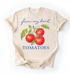 Flat lay of a ivory from my head tomatoes shirt natural funny gardening t shirt tomato lover cottagecore gift on a white background 