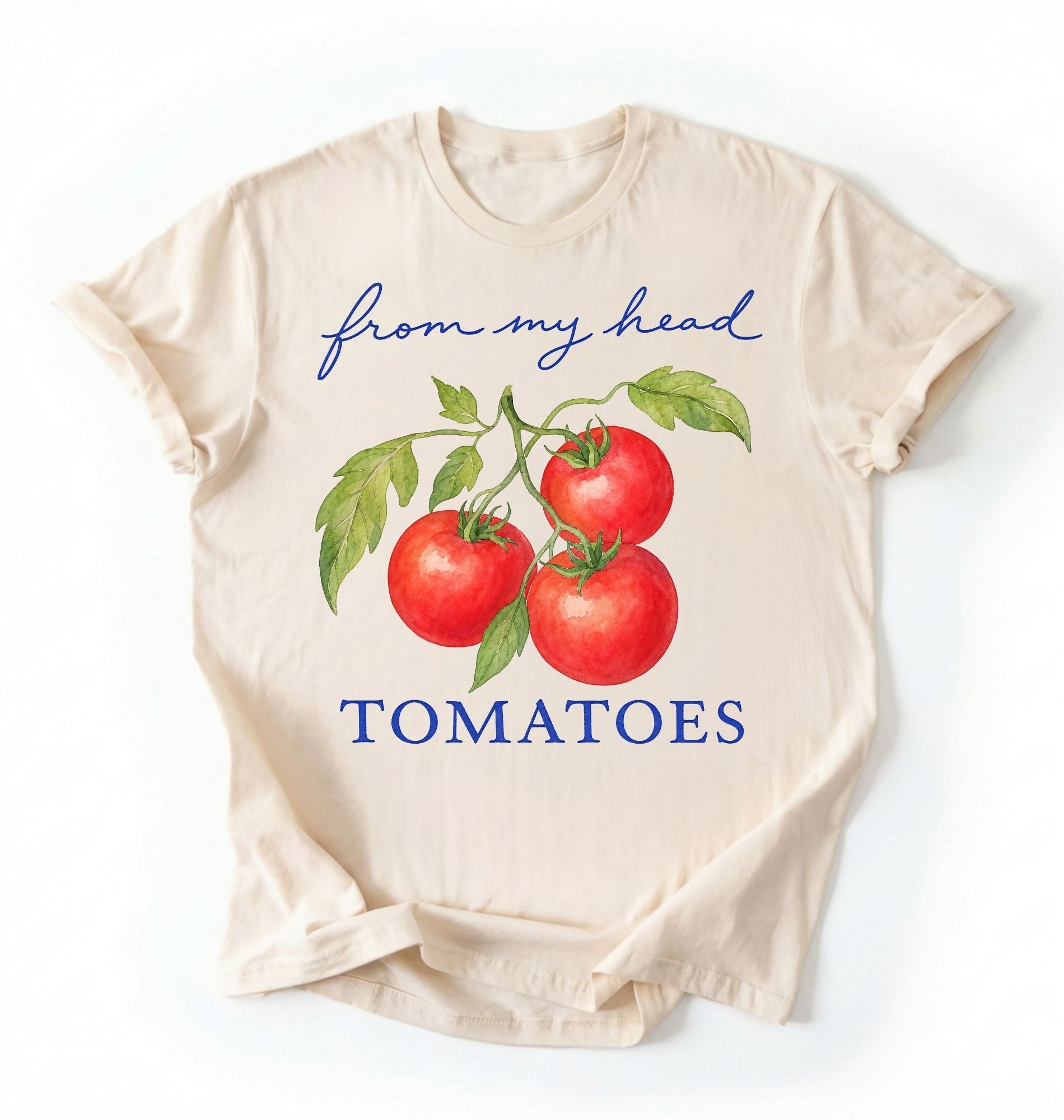 Flat lay of a ivory from my head tomatoes shirt natural funny gardening t shirt tomato lover cottagecore gift on a white background 