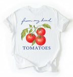 Flat lay of a white from my head tomatoes shirt white funny gardening t shirt tomato lover cottagecore gift on a white background 