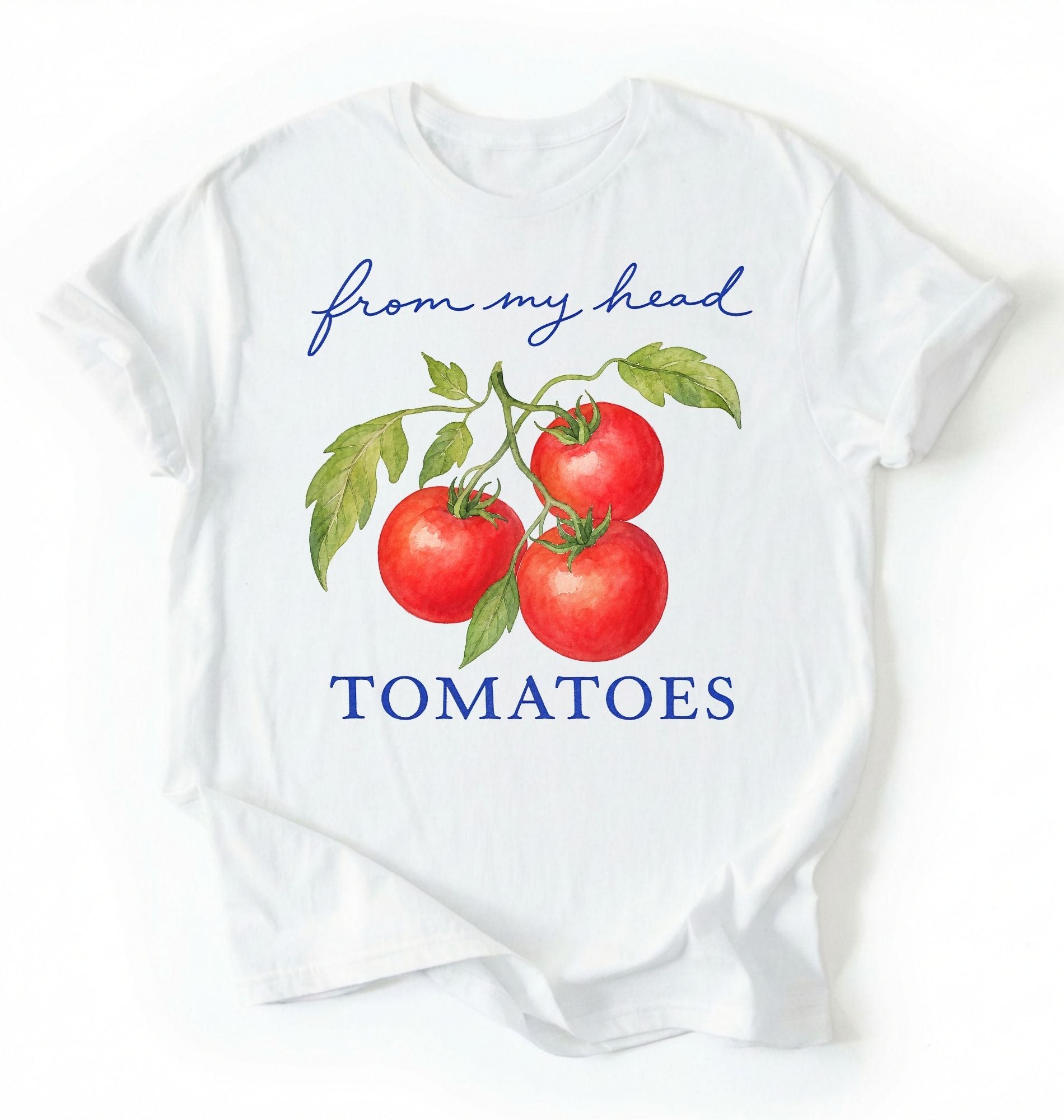 Flat lay of a white from my head tomatoes shirt white funny gardening t shirt tomato lover cottagecore gift on a white background 