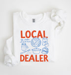 Flat lay of an white cottagecore baking sweatshirt with Local Dealer text and bread graphics gift for bakers on a white background 