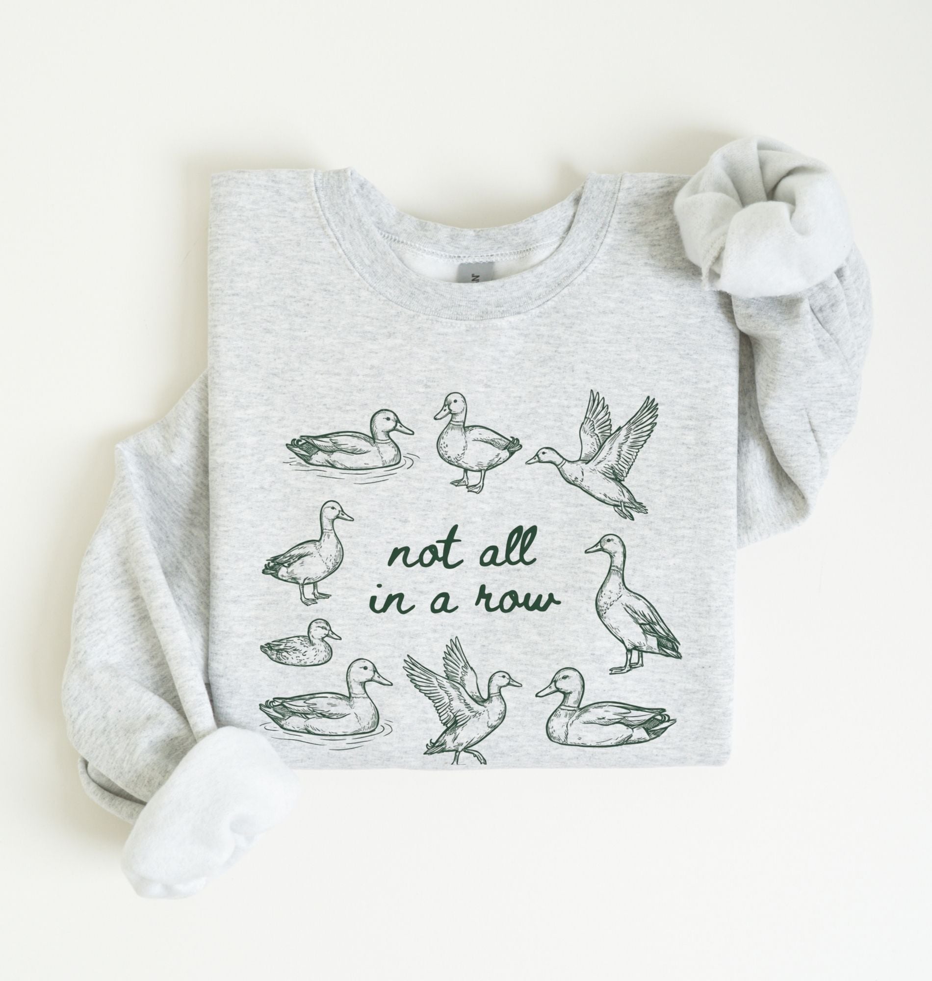 funny duck pun sweatshirt with hand drawn ducks and not all in a row phrase, cozy unisex nature gift