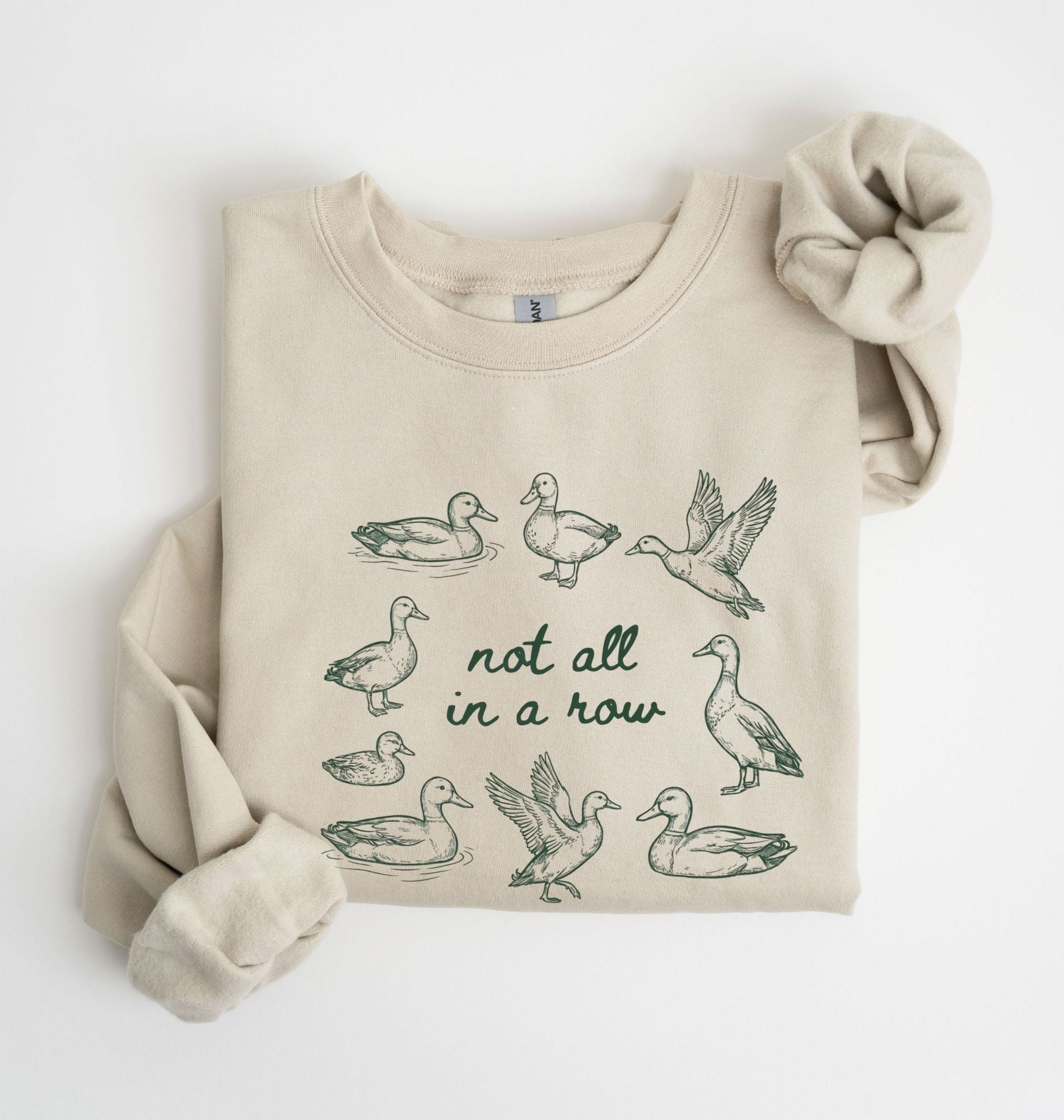 funny duck pun sweatshirt with hand drawn ducks and not all in a row phrase, cozy unisex nature gift