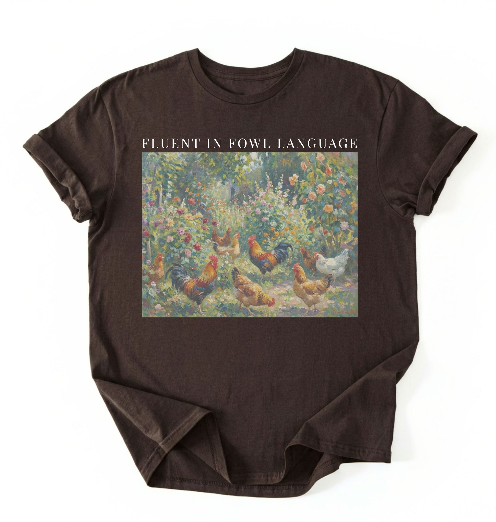 Flat lay of a dark_chocolate Funny Fluent in Fowl Language shirt for chicken lovers and farm animal fans on a white background