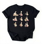 Flat lay of a Cute goose baking shirt with cottagecore bread baking illustrations on black tee on a white background 